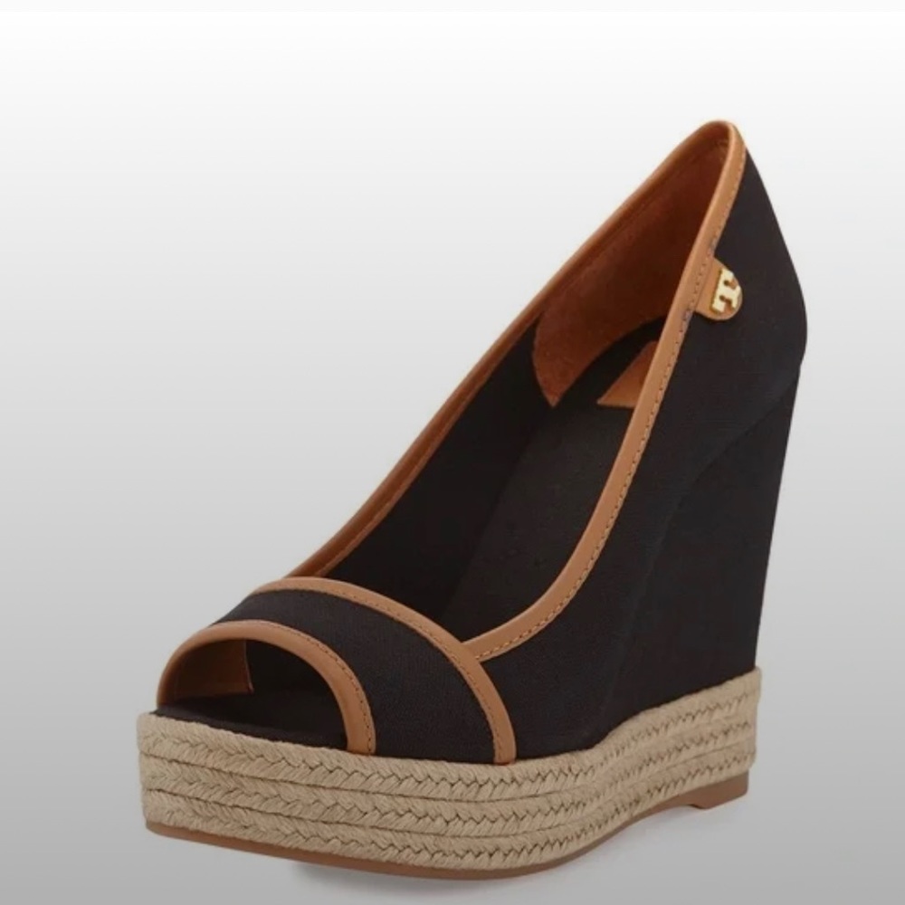 Tory Burch Majorca peep toe espadrille wedges- black